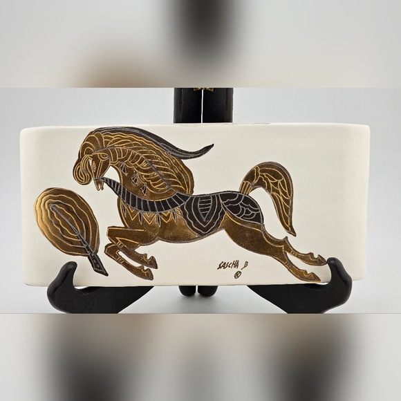Sascha Brastoff Golden Gilt Gold Horse Ceramic Jewelry Trinket Box Tray Lid MCM - Picture 2 of 12
